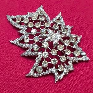 Vintage Silver Tone Crystal Leaf Brooch